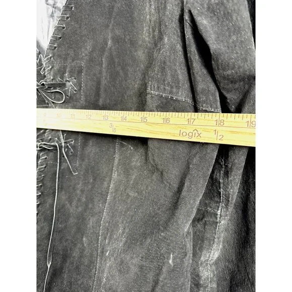 Faded Glory Ladies Leather Jacket L Black Fringe Tie Closure - Picture 12 of 16